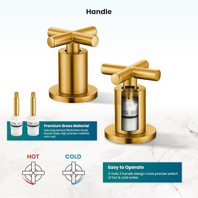 gotonovo 3 Hole Bathroom Faucet 8 inch Widespread Sink Vanity Faucet for Bathroom Sink 2 Cross Handle Deck Mount Basin with Pop Up Drain 360° Swivel Spout Dark Gold