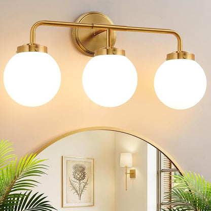 Modern Brushed Gold Vanity Lights for Bathroom, Mid Century 3 Light Bathroom Vanity Light with Globe Milky White Glass Shade Over Mirror, Brass Wall Sconce for Bathroom Hallway Living Room Bedroom