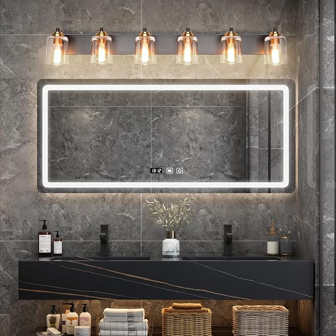SOLFART Bathroom Vanity Light Black and Brass Bathroom Light fixtures Durable Glass Globe Vintage Stylish Lighting 6 Lights(8580)