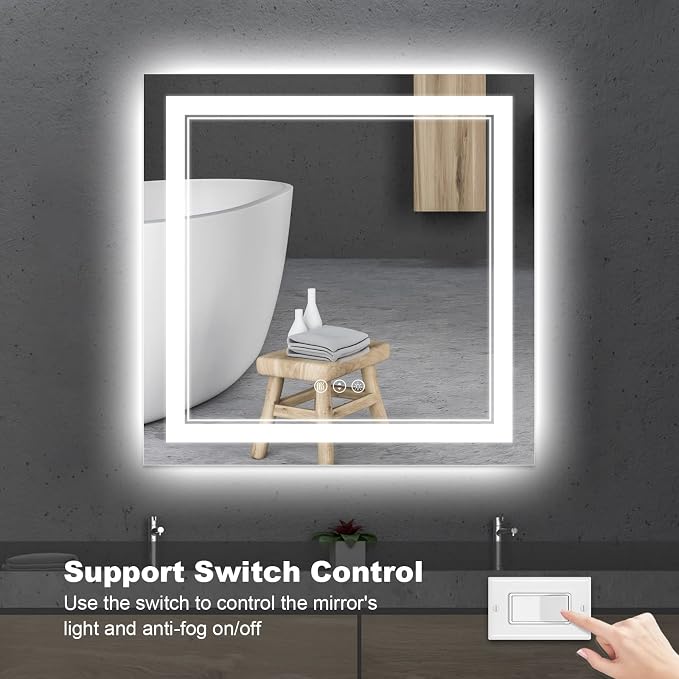 36x36 Inch LED Mirror for Bathroom | Front and Backlit, 3 Colors, Dimmable, Memory, Anti Fog, Shatterproof, Horizontal/Vertical, Lighted Mirrors for Bathroom Wall