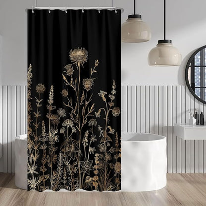 Vintage Black and Gold Boho Shower Curtain, Black and Tan Cream Floral Aesthetic Dark Wildflower Botanical Flowers Shower Curtain for Bathroom with Hook,Farmhouse Plant Art Chic Shower Curtain 36X72