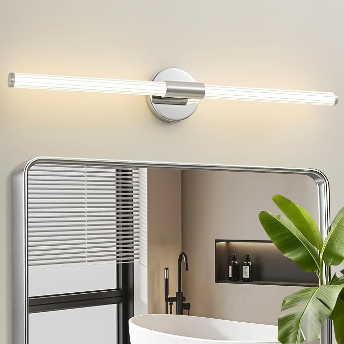 LED Bathroom Vanity Lights Chrome Wall Sconce Modern 30" | 360° Bright Bathroom Light Fixture, Dimmable Vanity Light, Hardwired Wall Light 4000K for Mirror