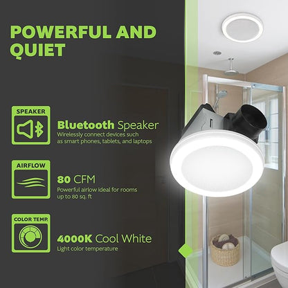Homewerks 7130-18-BT Bathroom Fan with LED Light and Bluetooth Speaker 80 CFM 1.5 Sones White 4000 Kelvin CCT Light 600 Lumens