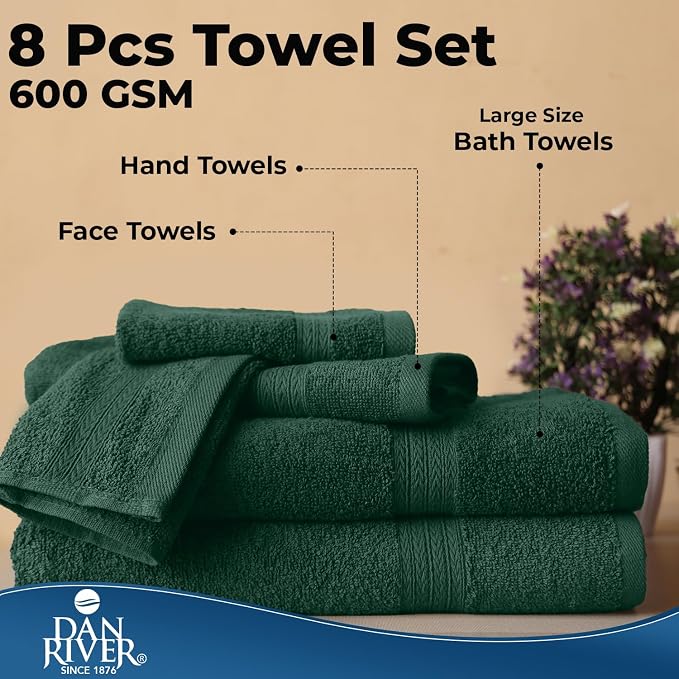 DAN RIVER 8 Piece Luxury Bath Towels for Bathroom, Towel Set, Hunter Green | 2 Bath towels, 2 Hand towels, and 4 Wash Cloths, 600 GSM 100% Ring Spun Cotton, Highly Absorbent, Gym, Hotel, guest, and Spa