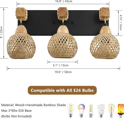 Farmhouse Bathroom Light Fixture, 3-Light Boho Vanity Light, Bamboo Bathroom Light Fixture Over Mirror Rustic Vanity Lighting with Handmade Bamboo Shades, Suit for Restroom, Bedroom, Hallway