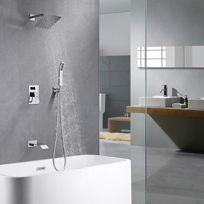 SUMERAIN Shower System with Waterfall Tub Spout, Chrome Finish | 3 Functions, 8" Rain Shower Head, Brass HandHeld Shower, Anti-scalding Pressure Balance Cartridge, Including Rough-In Valve