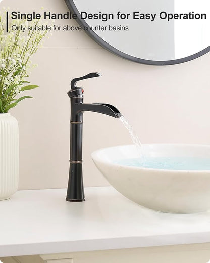 Tall Vessel Sink Faucet, Oil Rubbed Bronze Bathroom Faucet Waterfall Bathroom Faucets One Hole, Brass Bathroom Sink Faucet Single Handle with Pop-Up Drain & Water Hoses, 5 Mins Install