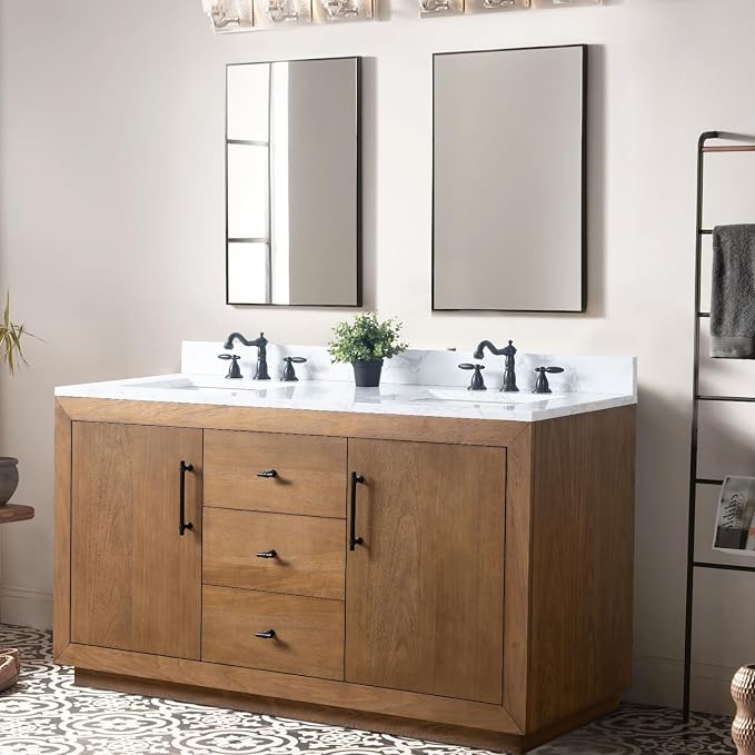 Vanity Art 60 inch Double Sink Bathroom Vanity, Vanity Cabinet with Doors and Shelf, Modern Wood Bathroom Vanity with White Marble Top, Solid Wood Frame, 3 Functioning Drawers, VA7060DE