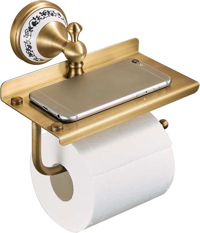 Toilet Paper Holder with Phone Shelf, Bathroom Toilet Paper Roll Holder Antique Bronze Brass Wall Mounted Bathroom Hardware Accessories,Porcelain Design