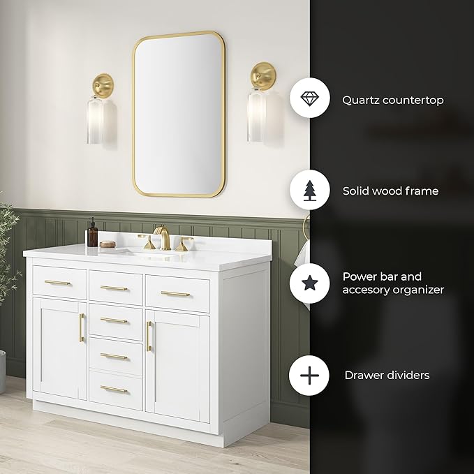 OVE Decors Bailey 48 in. Single Sink Freestanding White Bathroom Vanity with White Quartz Top, Matching Backsplash, Power Bar and Brushed Gold Hardware