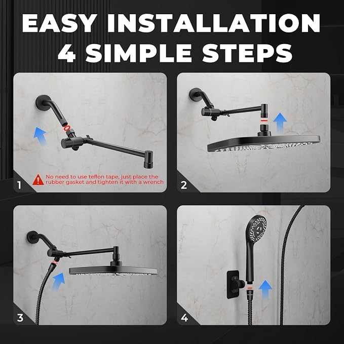 Black Rain Shower Head with Handheld Shower Head, 5 Spray Modes | High-Pressure Dual Shower Combo, Multi-Spray Handheld, 11-Inch Metal Extension Arm, Detachable Design for Easy, Flexible Use