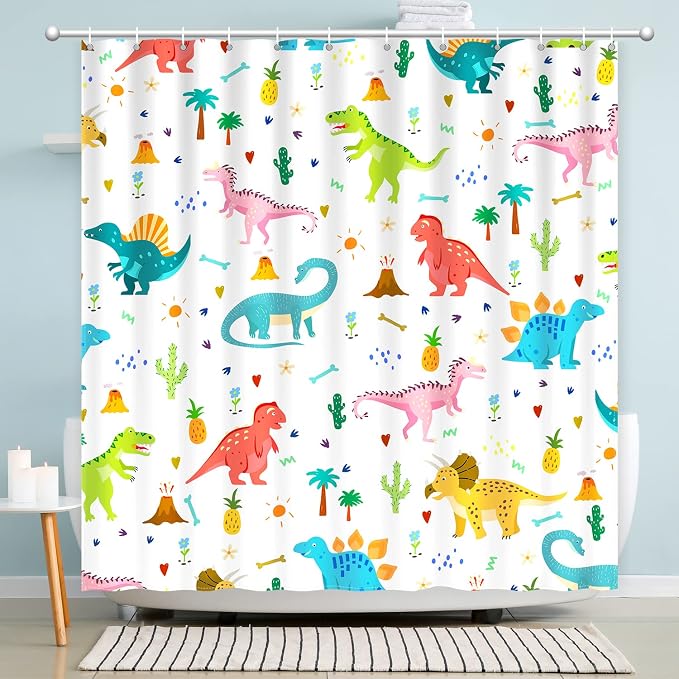 Shower Curtain Kids, Cartoon Dinosaur Shower Curtain Colorful Animals Plants for Boys Girls Polyester Fabric Waterproof Shower Curtain Sets Machine Washable Decor Bath Curtain