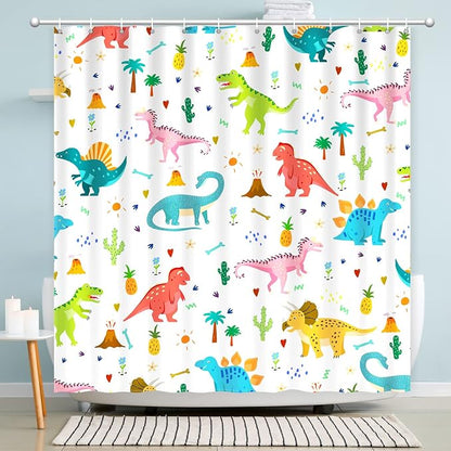 Shower Curtain Kids, Cartoon Dinosaur Shower Curtain Colorful Animals Plants for Boys Girls Polyester Fabric Waterproof Shower Curtain Sets Machine Washable Decor Bath Curtain