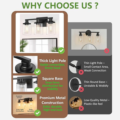 DORESshop 17 Inch Bathroom Light Fixtures, 3-Light Black Bathroom Lighting Fixtures Over Mirror with Clear Glass Shade, Vanity Lights for Bathroom Living Room Bedroom, ETL Listed