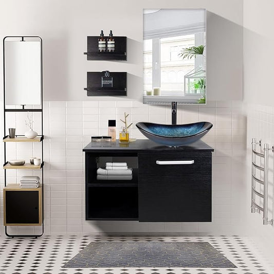 YOURLITE 28" Wall Mounted Bathroom Vanity Modern Lavatory Wood Cabinet with Mirror Blue Boat Tempered Glass Sink Combo Vanities Set