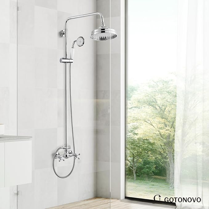 gotonovo Luxury Exposed Shower Faucet Set Bathroom Shower System 8 Inch Wall Mount Rainfall Shower Head with Handheld Spray Cross Double Handle Shower Fixture Adjustable Straight Rod Polish Chrome