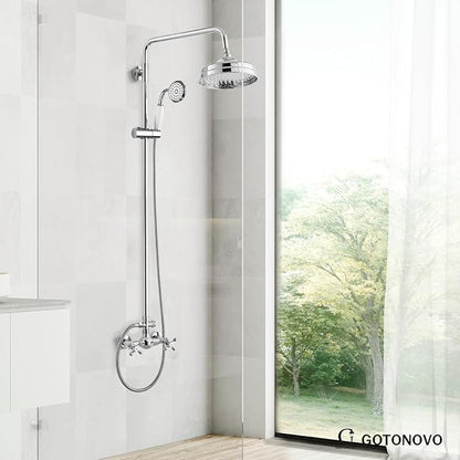 gotonovo Luxury Exposed Shower Faucet Set Bathroom Shower System 8 Inch Wall Mount Rainfall Shower Head with Handheld Spray Cross Double Handle Shower Fixture Adjustable Straight Rod Polish Chrome