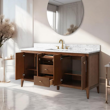 Vanity Art 60 inch Walnut Bathroom Vanity with Single Sink & Ceramic Top, Vanity Cabinet with Soft-Closing Door, Solid Wood Frame, Linear Pattern, Walnut, VA9160-SWalnut-MB,Matte Black Handles