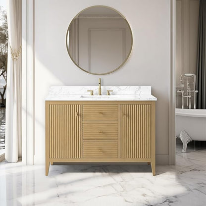 Vanity Art 48 inch Bathroom Vanity with Single Sink & Ceramic Top, Vanity Cabinet with Soft-Closing Door, Solid Wood Frame, Linear Pattern, Natural Oak, Golden Brushed Handware VA9148-NO-GB