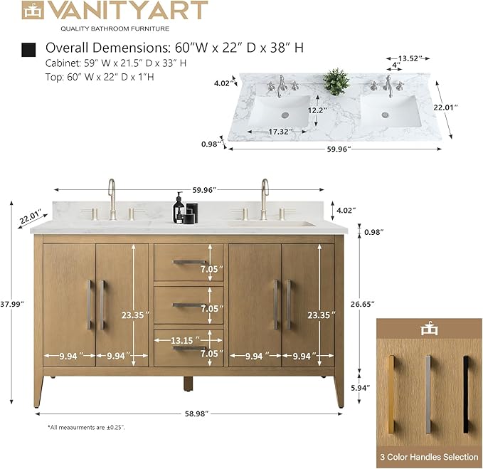Vanity Art 60 inch Bathroom Vanity with Double Sink & Ceramic Top, Vanity Cabinet with Soft-Closing Doors, Drawers, Solid Wood Frame, Natural Oak, VA9060-DNO-GB1