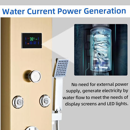 LED 5-in-1 Shower Panel Tower System,Brushed Gold | 304 Stainless Steel Shower Panel Tower Column with Powerful Body Jets, Rainfall, Waterfall,Handheld and Tub Spout
