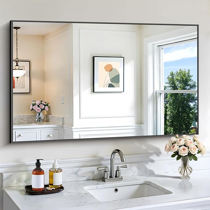 Black Bathroom Mirror for Wall, 30x48 Inch Rectangle Mirrors with Metal Frame, Modern Vanity Wall Mirror Decor for Bathroom Living Room, Entryway Hangs Horizontal or Vertical