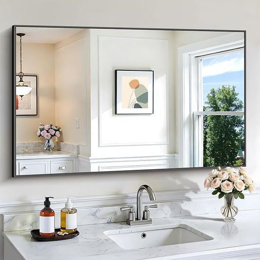 Black Bathroom Mirror for Wall, 30x48 Inch Rectangle Mirrors with Metal Frame, Modern Vanity Wall Mirror Decor for Bathroom Living Room, Entryway Hangs Horizontal or Vertical