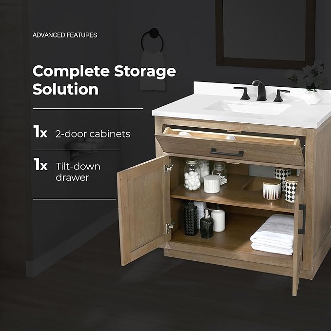 OVE Decors Bailey 36 in. Single Sink Freestanding Driftwood Oak Bathroom Vanity with White Quartz Top and Matching Backsplash