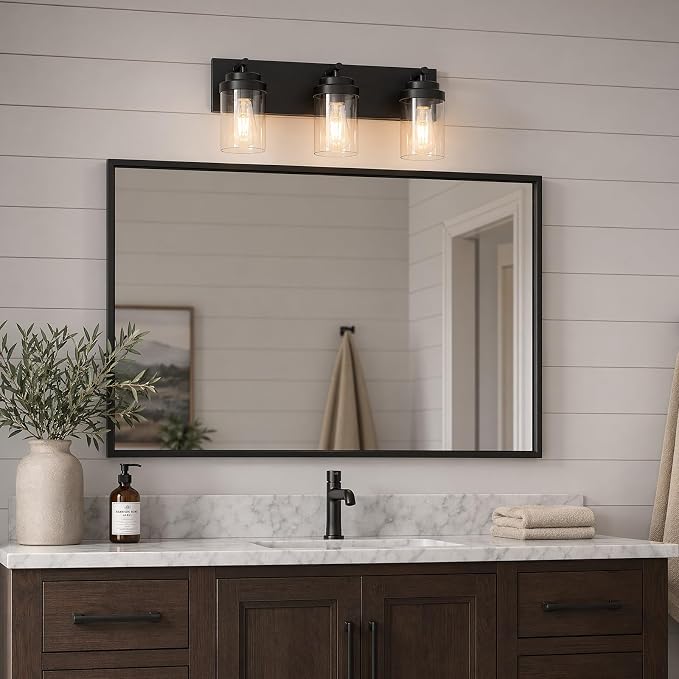 3-Light Bathroom Light Fixtures, Matte Black Vanity Lights | Modern Bathroom Lighting Fixtures Over Mirror, Vanity Lights for Bathroom, Mirror, Restroom, Bedroom, E26