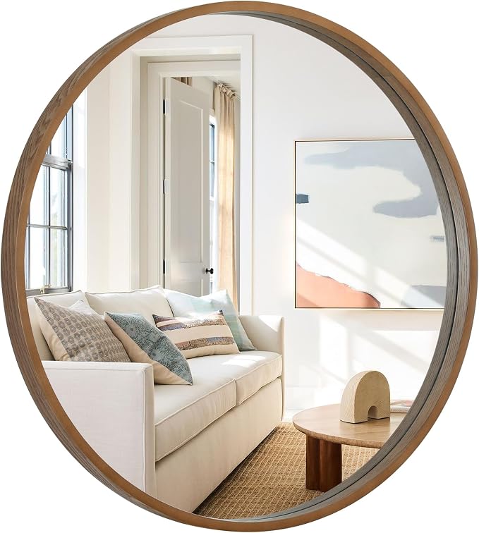 Round Wood Mirror, 36" Round Modern Decoration Large Circle Wall Mirror for Bathroom Living Room Bedroom Entryway, Walnut