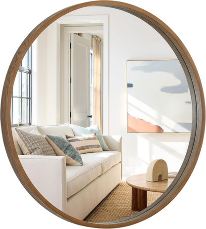 Round Wood Mirror, 36" Round Modern Decoration Large Circle Wall Mirror for Bathroom Living Room Bedroom Entryway, Walnut