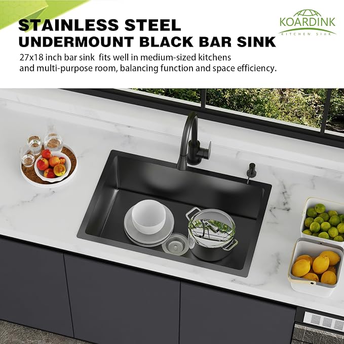 Black 27x18 Inch Stainless Steel Kitchen Sink - Undermount Modern Single Bowl Drop In Kitchen And Bar Sink With Silicon Mat,Drain Strainer Set Compatibility With Various Kitchen&Bar Style