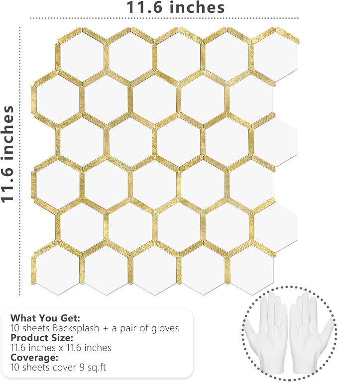 STICKGOO Hexagon Peel and Stick Backsplash Tile, Stick on Backsplash for Kitchen and Bathroom, Pure White PVC Mixed Metal Gold Self Adhesive Wall Tiles(10 Sheets, Seamless)