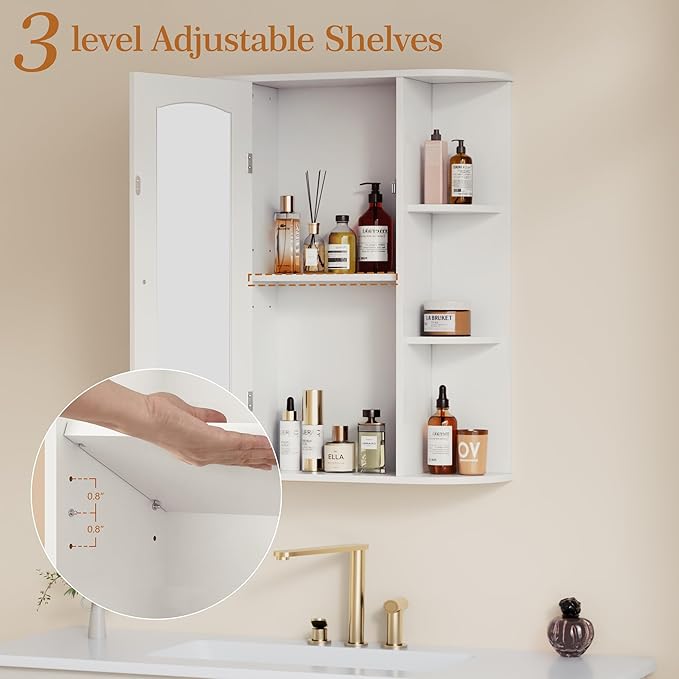 VECELO Bathroom Wall Cabinet with Mirror, Wall Mounted Medicine Cabinets with Door and 6 Open Shelves, Inner Adjustable Shelf, White