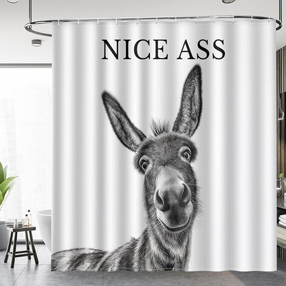 Funny Donkey Nice Ass Shower Curtain Gag Gift Farmhouse Decor Animal Black and White Novelty Sarcastic Rustic Bathroom Bath Decor Bathtub Curtain Fabric Shower Curtain Set with 12 Hooks, 72"x72"