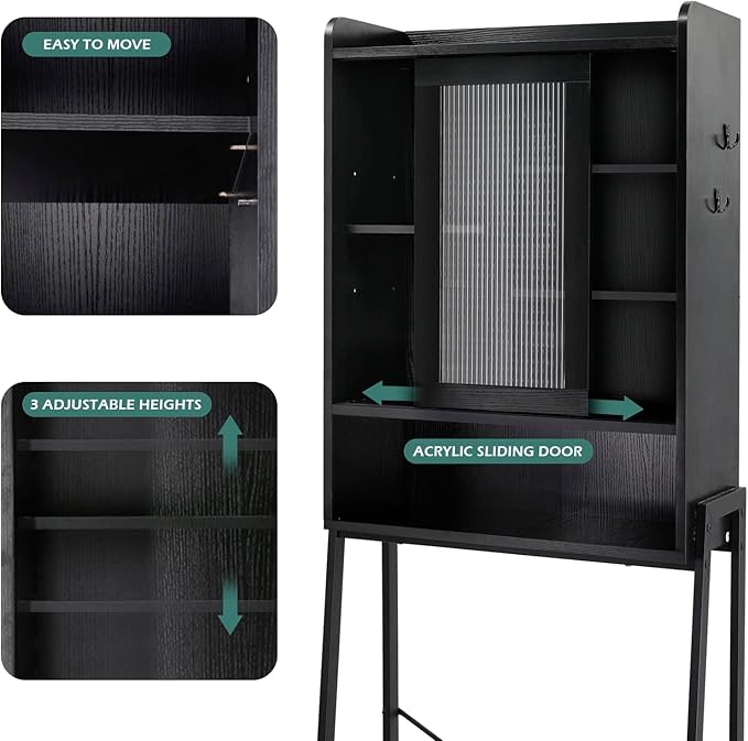 SUNTAGE Over Toilet Storage Cabinet for Bathroom, Over Toilet Shelf Organizer, Freestanding Space Saver with Adjustable Shelves, Wide Open Shelf, Acrylic Sliding Door, Metal Frame, Black