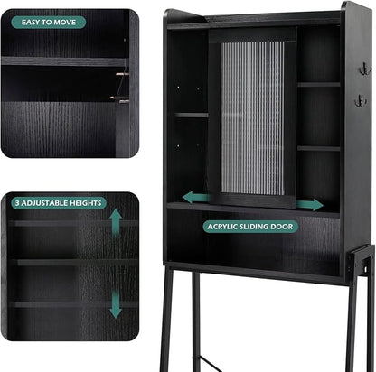 SUNTAGE Over Toilet Storage Cabinet for Bathroom, Over Toilet Shelf Organizer, Freestanding Space Saver with Adjustable Shelves, Wide Open Shelf, Acrylic Sliding Door, Metal Frame, Black