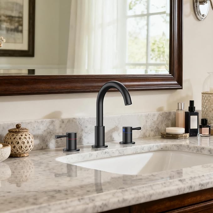 FORIOUS Black Bathroom Faucet 3 Hole, 360° Swivel 8 Inch Widespread Bathroom Sink Faucet with Deck Plate and Pop Up Drain 2 Handle Faucets for Sink, Vanity, RV, Lavatory, Farmhouse
