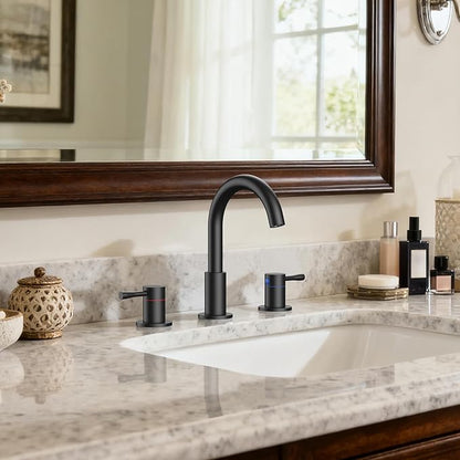 FORIOUS Black Bathroom Faucet 3 Hole, 360° Swivel 8 Inch Widespread Bathroom Sink Faucet with Deck Plate and Pop Up Drain 2 Handle Faucets for Sink, Vanity, RV, Lavatory, Farmhouse
