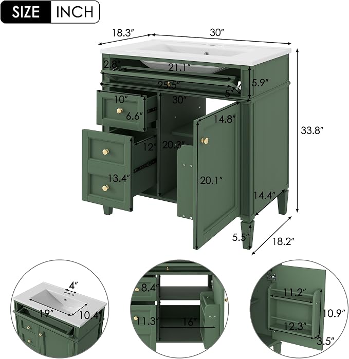 Merax 30 Inch Bathroom Vanity with Ceramic Sink, Solid Wood Frame Modern Bathroom Sink Storage Cabinet with 2 Drawers and a Tip-Out Drawer, Single Sink Bathroom Vanities, Green