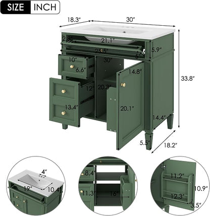 Merax 30 Inch Bathroom Vanity with Ceramic Sink, Solid Wood Frame Modern Bathroom Sink Storage Cabinet with 2 Drawers and a Tip-Out Drawer, Single Sink Bathroom Vanities, Green