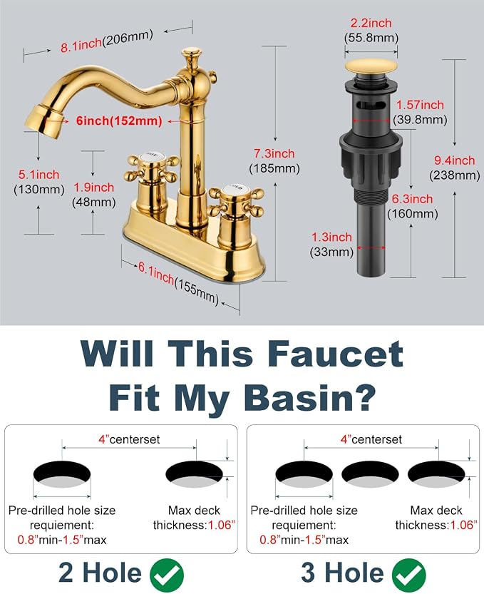 4 Inch Centerset Bathroom Sink Faucet 2 H&C Handle Polish Gold | Swivel Spout,Hot&Cold Label Cross Handle,Pop Up Drain,cUPC Hose,SUS304,for 2 or 3 Hole Sink,Lavatory,Vintage,Farmhouse,RV