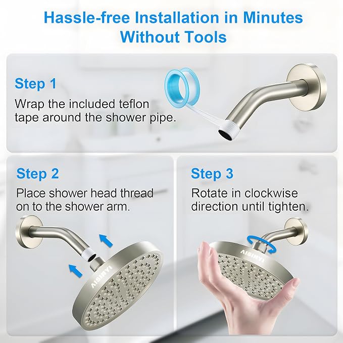 6" High Pressure Rain Shower Head, Luxury Brushed Nickel Finish | 6 Inch Fixed Bathroom Showerhead, Adjustable Replacement, 90 Anti-Clog Nozzles, Removable Restrictor, Tool-Free Easy Install