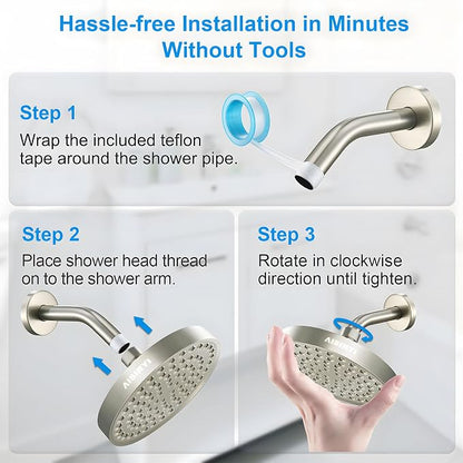 6" High Pressure Rain Shower Head, Luxury Brushed Nickel Finish | 6 Inch Fixed Bathroom Showerhead, Adjustable Replacement, 90 Anti-Clog Nozzles, Removable Restrictor, Tool-Free Easy Install