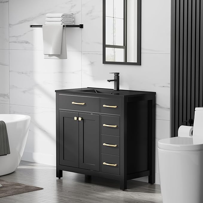 LUCKWIND 36" Bathroom Vanity with Sink Combo, Painted Modern Bathroom Storage Cabinet with Large Black Sink, Two Doors and Three Drawers, Include Faucet, Without Mirror, Black