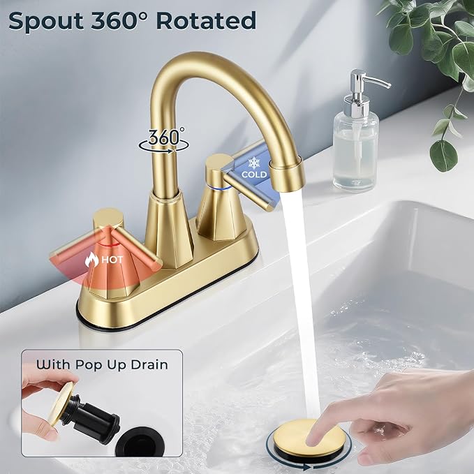 4 inches Bathroom Faucet for 3 Hole,2-Handle Bathroom Sink Faucets with Pop Up Drain (Brush Gold)