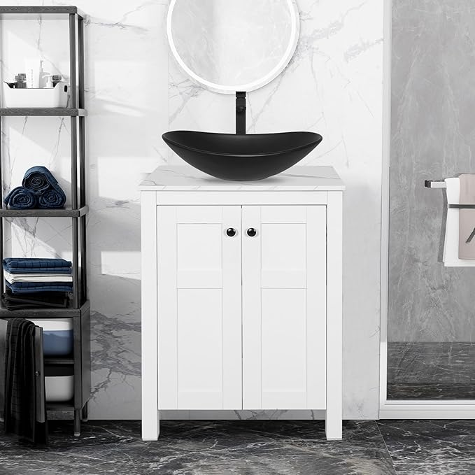 24 Inch White Bathroom Vanity with Marble Texture Top, Traditional Standing Pedestal Cabinet with Black Boat Ceramic Sink