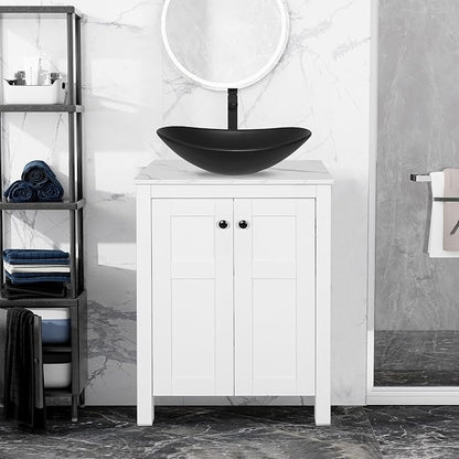 24 Inch White Bathroom Vanity with Marble Texture Top, Traditional Standing Pedestal Cabinet with Black Boat Ceramic Sink