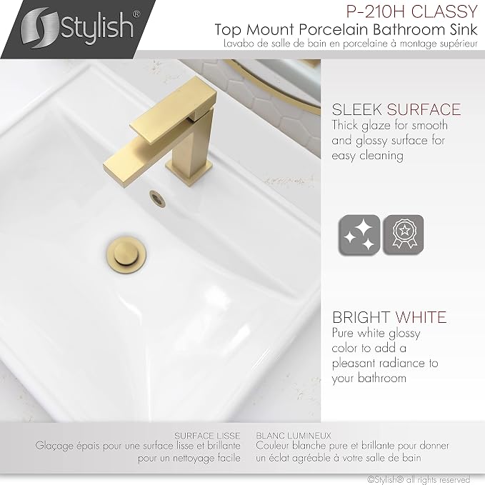 Stylish Drop in Bathroom Sink 20 1/4 x 16 Inch Porcelain Rectangular Bathroom Sinks Shiny Finish Smooth and Stain Resistant Surface with Chrome and Matte Black Overflow, P-210H