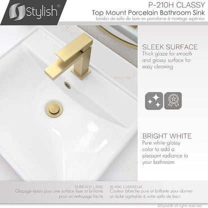Stylish Drop in Bathroom Sink 20 1/4 x 16 Inch Porcelain Rectangular Bathroom Sinks Shiny Finish Smooth and Stain Resistant Surface with Chrome and Matte Black Overflow, P-210H